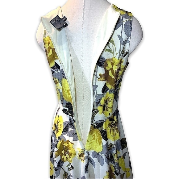 Gabby Skye Fit-N-Flare Midi Dress Off White Floral Yellow Roses 50's Style Gown - Picture 4 of 12